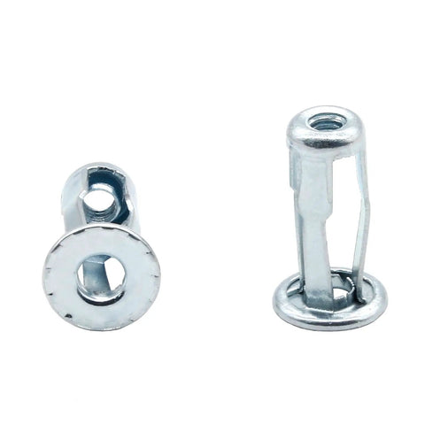 Badass M4 X 20 Jack Nuts And Petal Fan Clips Rock Solid Galvanized Drive On Self Tapping Screws 20 Pack close-up of zinc Jnuts and clips