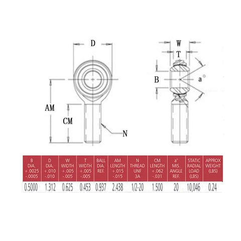 Technical drawing of Built Different Heavy Duty Half Inch Thread Heim Ball Joints with dimensions and specifications.