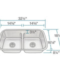 Undermount 32-1/2 Inch Double Bowl Kitchen Sink In 16 Gauge 304 Stainless Steel, Low Divide Design with dimensions labeled
