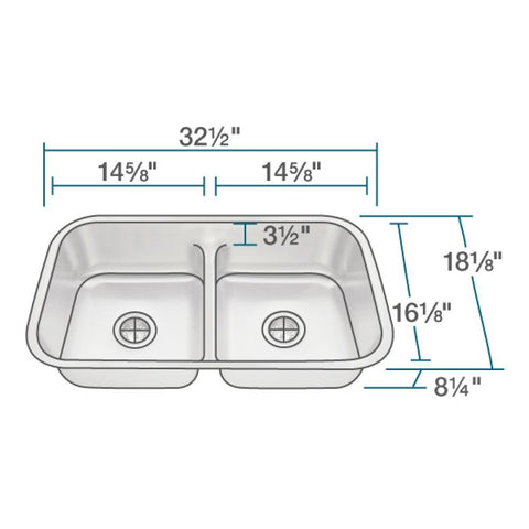 Undermount 32-1/2 Inch Double Bowl Kitchen Sink In 16 Gauge 304 Stainless Steel, Low Divide Design with dimensions labeled
