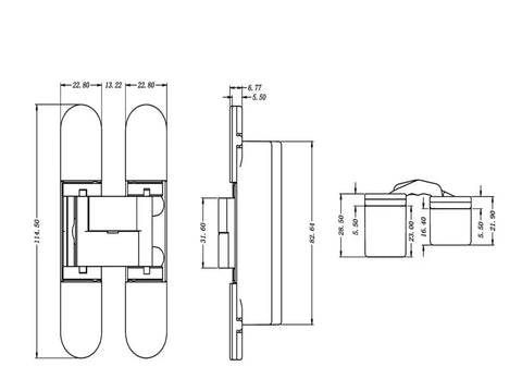 Technical drawing of 3.0 Adjustable Concealed Hinge For Flush Doors with detailed measurements and side view.