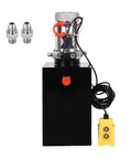 12V DC Single Acting Hydraulic Pump With 15 Quart Reservoir For Dump Trailers And Car Lifting In Metal Housing 3200 PSI A Port 1500 PSI B Port Beefed Up Heavy Duty Power Unit with attached hoses and fittings