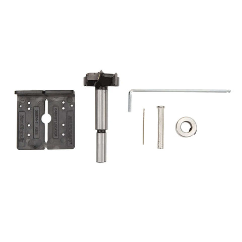35mm hinge boring jig kit for woodworking with ABS panel, metal drill guide, 1/16 in bit, and hex wrench