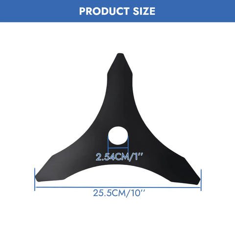 Two Pack 10 Inch Three Tooth Brush Cutter Blades Beefed Up Durable Carbon Steel Replacement Trimmer Blade For Weed Wacker Compatible With Husqvarna Stihl Ego Oregon Hitachi Makita, product size diagram