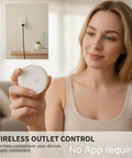 Person holding remote for Mini Remote Control Outlet Plug Adapter With 656ft Range Wireless Light Switch, no hub required.