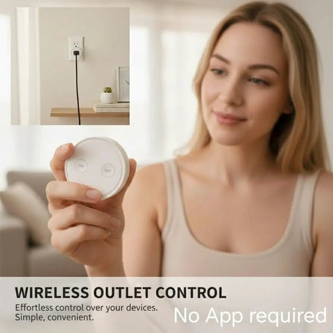 Person holding remote for Mini Remote Control Outlet Plug Adapter With 656ft Range Wireless Light Switch, no hub required.