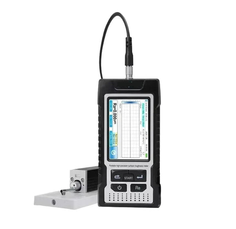 Heavy Duty Digital Surface Roughness Tester Delivering Straight Up Precision Measurements And Super Easy Carry Options For Daily Shop Floor Inspections Includes A Compact Handheld Roughness Meter With Rock Solid Construction And Flawless Readings on a workbench with measurement display.