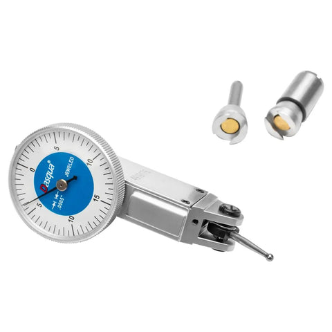 Small White Face Dial Test Indicator, 1.18 Inch, 0 To.030 Inch Range,.0005 Inch Graduation, Dual Dovetail Mounts with attachments.