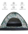 Front view of a camo 3-4 Person Camping Tent With Rain Fly And Carrying Bag Waterproof Family Dome Shelter For Festivals Backyard Hangouts Sleepovers And Lightweight Backpacking Weather Ready And Durable.