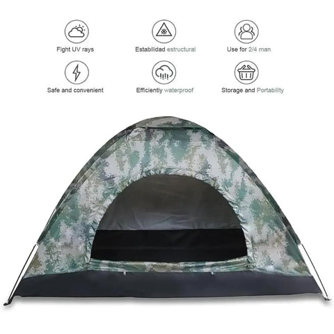 Front view of a camo 3-4 Person Camping Tent With Rain Fly And Carrying Bag Waterproof Family Dome Shelter For Festivals Backyard Hangouts Sleepovers And Lightweight Backpacking Weather Ready And Durable.