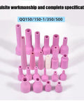 Premium Alumina Ceramic Argon TIG Welding Torch Nozzles For QQ150 QQ350 QQ500 in pink, various sizes displayed, showing intricate design.