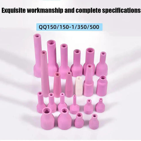 Premium Alumina Ceramic Argon TIG Welding Torch Nozzles For QQ150 QQ350 QQ500 in pink, various sizes displayed, showing intricate design.