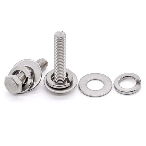 304 Stainless Steel Flat Washers and Lock Washers Set Built to Last, 100 Pcs Total shown with bolts, flat and lock washers