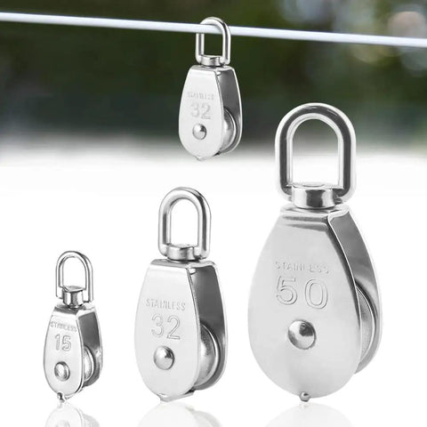 Assorted stainless steel pulley blocks on wire, featuring M50 Single Pulley Blocks Two Pack Beefy Heavy Duty Stainless Steel Roller Crane Pulley Accessories Swiveling Wire System For Safe Lifting Up To 400 Kg 881 Lbs Ideal For Construction And Rigging with a clear view of the different sizes and detailed focus on durability and stainless steel construction.