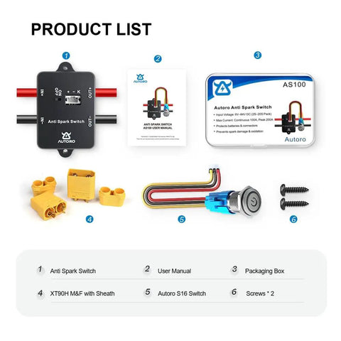Anti Spark Power Switch 100A 84V DC With XT90 Connector For ESCs And RC Vehicles Beefy High Current Spark Free Protection For LiPo 2S To 20S, 10AWG Wires, S16 Metal Auto Block, Great For Electric Skateboards, RC Cars, Boats And EBikes