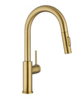 Tohlar Gold Kitchen Faucet with Pull Down Sprayer in brushed gold finish, showcasing sleek curved neck and side lever handle.
