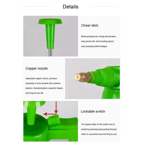 2 Liter Handheld Garden Pump Sprayer With Adjustable Brass Nozzle 68Oz focus on copper nozzle and lockable switch details