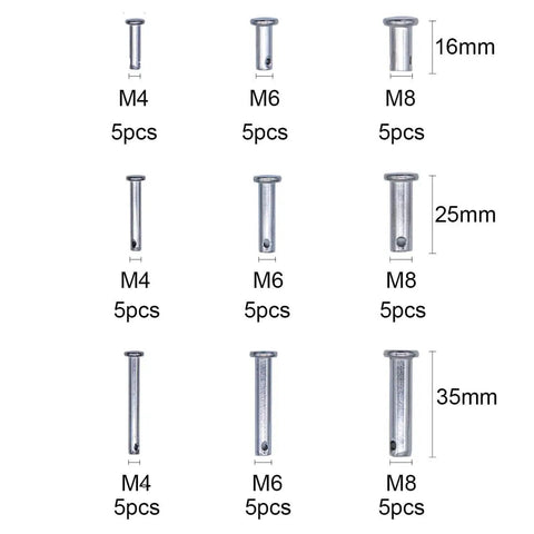 All In One 185Pcs Clevis Pins Kit Stainless Steel And Zinc Plated R Clips Hair Pins Set showing various pin sizes M4, M6, M8