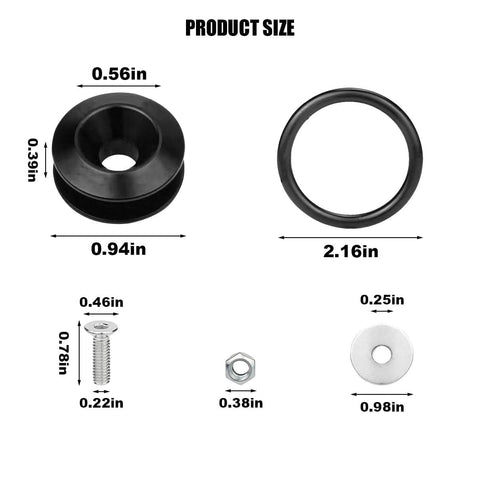 Hot Rod Bumper Quick Release Kit dimensions with aluminum fasteners, quick release tabs, rubber O rings, stainless screws in black finish.