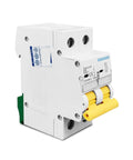 Rock Solid Heavy Duty 2 Pole DC Circuit Breaker With C Curve For 600 Volt Systems Delivers Straight Up Superior 6000 Amp Protection On 35 MM DIN Rail Direct Current Fuse Built Tough, white plastic body with yellow toggle switches.