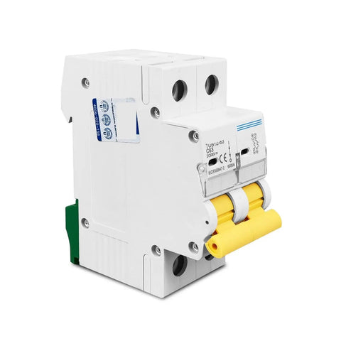 Rock Solid Heavy Duty 2 Pole DC Circuit Breaker With C Curve For 600 Volt Systems Delivers Straight Up Superior 6000 Amp Protection On 35 MM DIN Rail Direct Current Fuse Built Tough, white plastic body with yellow toggle switches.