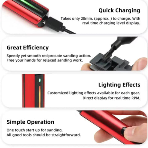 Pro Grade High Precision Reciprocating Grinding Pen for Military Models and Resin Kits, highlighting quick charge and lighting effects.