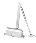 Heavy Duty Door Closer With Adjustable Speed And Quiet Soft Close For 25 To 85 KG Doors, silver aluminum body, side view.