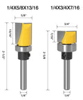 Heavy Duty 4 Piece Door Hinge Router Bit Set With One Quarter Inch Shank, showcasing sizes and dimensions for precise trimming.