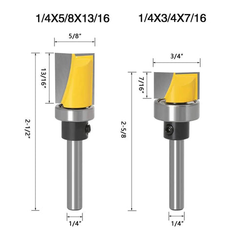 Heavy Duty 4 Piece Door Hinge Router Bit Set With One Quarter Inch Shank, showcasing sizes and dimensions for precise trimming.