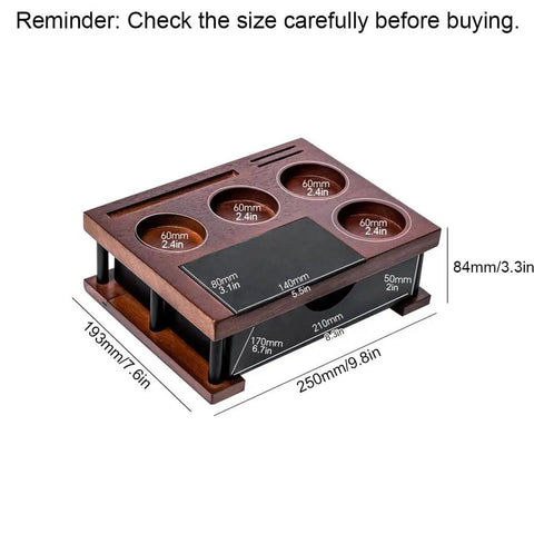 Heavy Hitter Double Tier Solid Wood Espresso Tamping Station With Combo Knock Box Premium Handcrafted Coffee Bar Organizer Kit with dimensions.