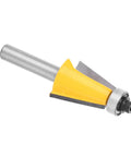 Fabater 8mm Chamfer Router Bit with Bearing, Perfect For Woodworking Bevel Edging Milling Cutter On MDF Solid Wood And Particleboard At 15 Degree Angle With YG6 Alloy Trimming Tool showing a 8mm shank and yellow blade.