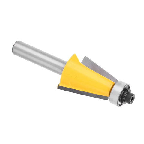 Fabater 8mm Chamfer Router Bit with Bearing, Perfect For Woodworking Bevel Edging Milling Cutter On MDF Solid Wood And Particleboard At 15 Degree Angle With YG6 Alloy Trimming Tool showing a 8mm shank and yellow blade.