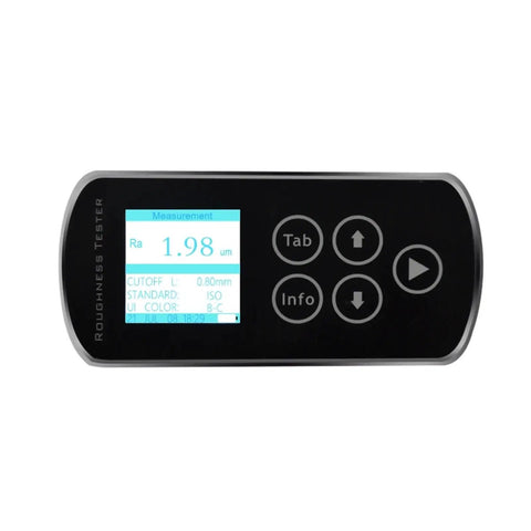 Pocket-Sized Digital Surface Roughness Meter Go-To Tool for Ra Rz Rq Rt Measurements Handheld Gauge With 0.05 To 10 Micrometers Range And Roughly Ten Percent Accuracy Portable Roughness Tester For Precision Finishing And QC. black handheld digital roughness tester with screen and buttons
