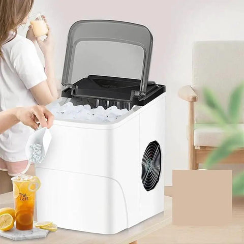 Solid Countertop Automatic Ice Maker For Kitchens Or Game Rooms Producing Fast Crystal Clear Cubes In Minutes With Low Key Push Button Controls.