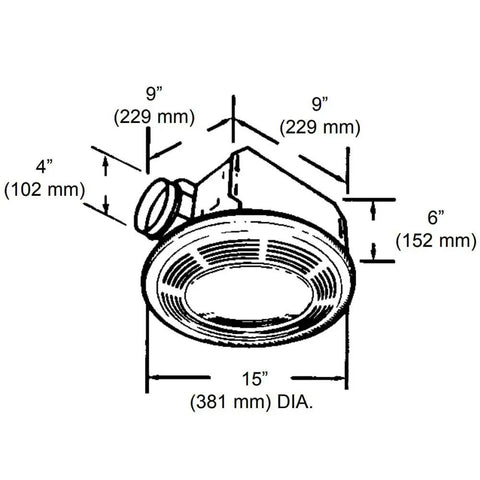 Diagram showing dimensions of Bathroom Exhaust Fan With 100 CFM And 100 Watt Light With Glass Lens Ceiling Mount Ventilation Fixture.