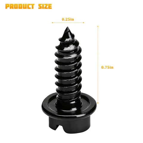 Gear Up Your Ride Smoothly With These Hella Tough Slotted Stainless Steel License Plate Screws In Fresh Black Finish Eight Piece Set, black fastener measurement 0.25in x 0.75in.
