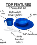 One Person Camping Dish Table Set For Outdoors Washable Reusable Polypropylene Dinnerware Kit with plate, bowl, cup, and cutlery.