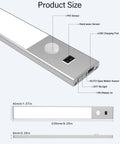 Diagram showing the dimensions and features of the 30 LED Motion Sensor Under Cabinet Light With Dimmable USB Rechargeable Night Lighting.