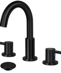 8 To 16 Inches Widespread Matte Black Bathroom Faucet With Two Handles, Sleek Modern Industrial Vanity Sink Faucet, Three Hole Install No Fuss, Pop Up Drain, Built Tough Stainless Steel, Great For Home Or Commercial Use faucet with visible spout and handles