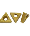 Gold Carbide Inserts For External Turning TCMT16T308 TCMT32.52 10 Piece Pack, shown in different angles, CVD-coated, dirty environments use