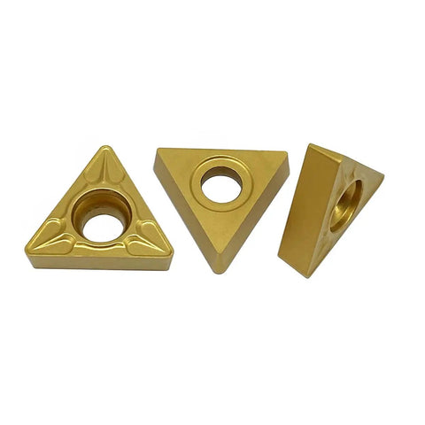 Gold Carbide Inserts For External Turning TCMT16T308 TCMT32.52 10 Piece Pack, shown in different angles, CVD-coated, dirty environments use
