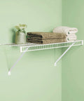 Three Foot Wide Wire Wall Shelf System With Mounting Hardware White Space Saving Organizer for Home filled with towels and decor