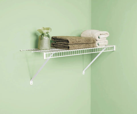Three Foot Wide Wire Wall Shelf System With Mounting Hardware White Space Saving Organizer for Home filled with towels and decor