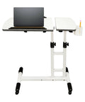Smooth Rolling Standing Desk Heavy Duty Sit Stand Laptop Cart Adjustable Height Lockable Wheels, white steel frame, ergonomic surface, portable.