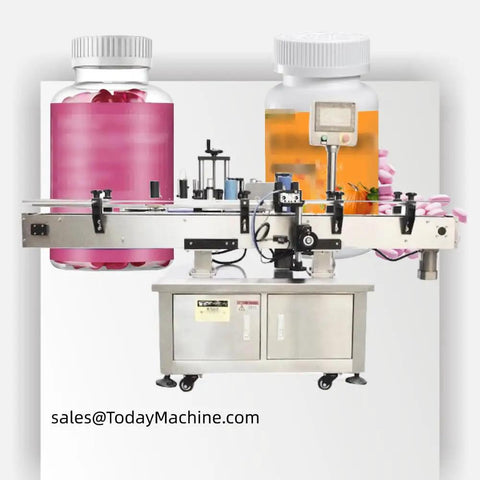 Get Your Packaging On Point With This High-Efficiency Fully Automatic Horizontal Sleeve Heat Shrink Labeling Machine Perfect For Busy Industrial Needs To Apply Labels Seamlessly With Minimal Human Intervention And Maximize Output Speed Daily In Your; fully automatic labeling machine applying labels on pink and yellow bottles.
