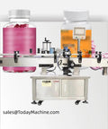 Straight Up Automatic Round Bottle Labeling Machine For Liquid Soap And Shampoo With Quick Date Printer And Heavy Duty Steel Build That Runs Like A Charm All Day Long, showcasing bottles labeled on a production line.