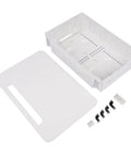 White 9 Inch In Wall TV Cable Management Box for hidden wires and media storage, showing parts and components.