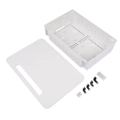 White 9 Inch In Wall TV Cable Management Box for hidden wires and media storage, showing parts and components.