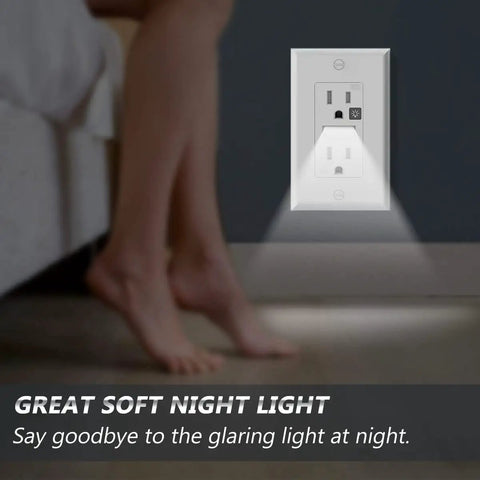 Receptacle Outlet With Night Light And Tamper Resistant Design, White Decorator Wall Outlet 15A 125V in dark room scenario