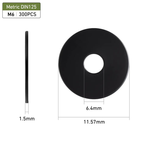Tough As Nails 300 Pack M6 Flat Washers Made From Black Oxide 304 Stainless Steel With Precision 6.4Mm Inner Diameter And 11.57Mm Outer Diameter For Screws And Bolts Heavy Duty Hardware No Fluff, showing dimensions and profile.